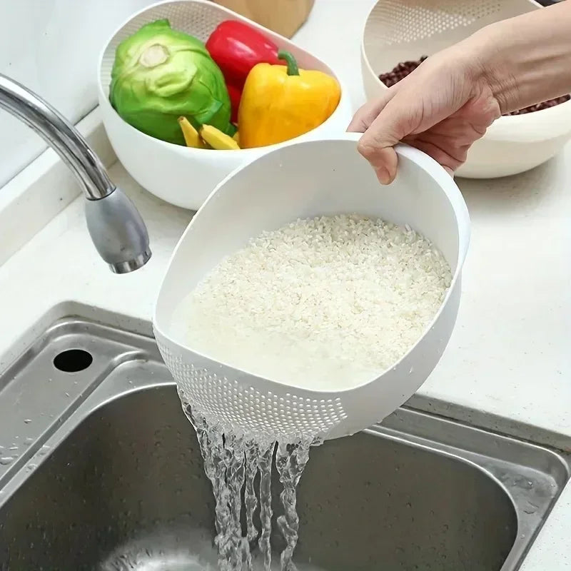 Vegetable and Fruit Washing Bowl with 2-In-1 Rice Strainer and Beans Washer