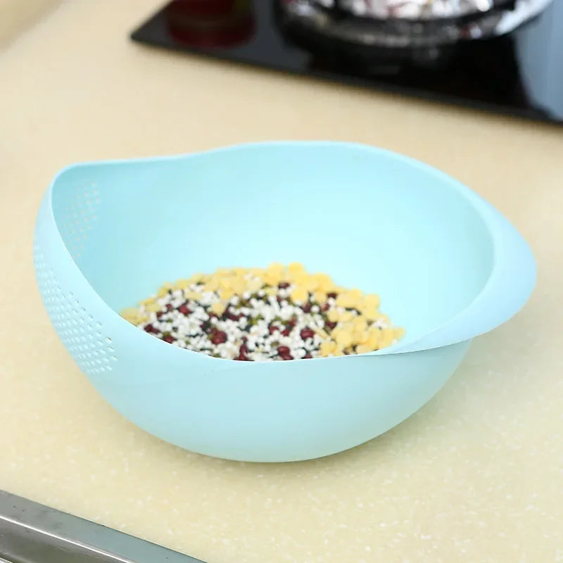 Vegetable and Fruit Washing Bowl with 2-In-1 Rice Strainer and Beans Washer