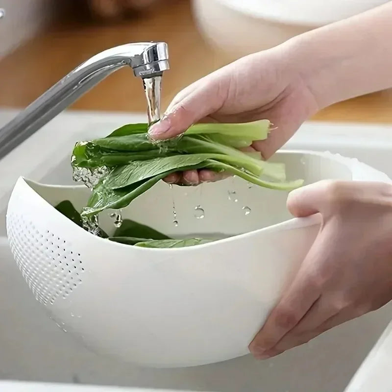 Vegetable and Fruit Washing Bowl with 2-In-1 Rice Strainer and Beans Washer